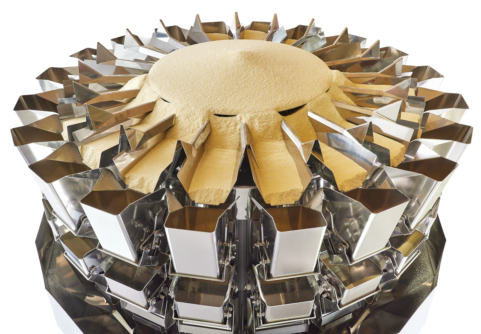 Multihead combination weigher dispensing fine powder product through stainless steel weigh buckets and distribution chutes. The image highlights a precision weighing system designed for accurate, high-speed product handling in automated packaging applications.