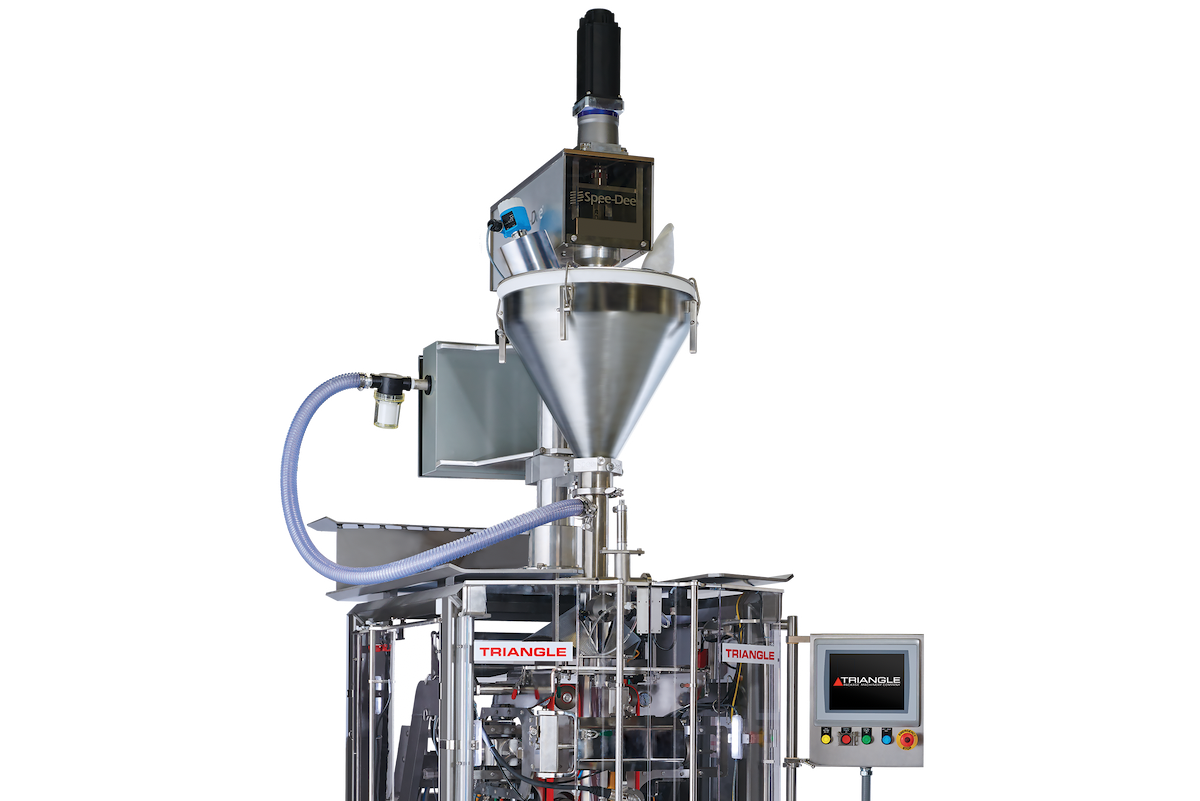 Triangle vertical form fill seal packaging machine with integrated Spee-Dee auger filler, stainless steel product hopper, touchscreen HMI controls, and automated bagging components designed for accurate filling and packaging of powders and dry products.