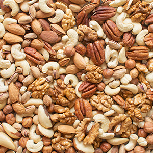 An overhead view of an assortment of nuts.